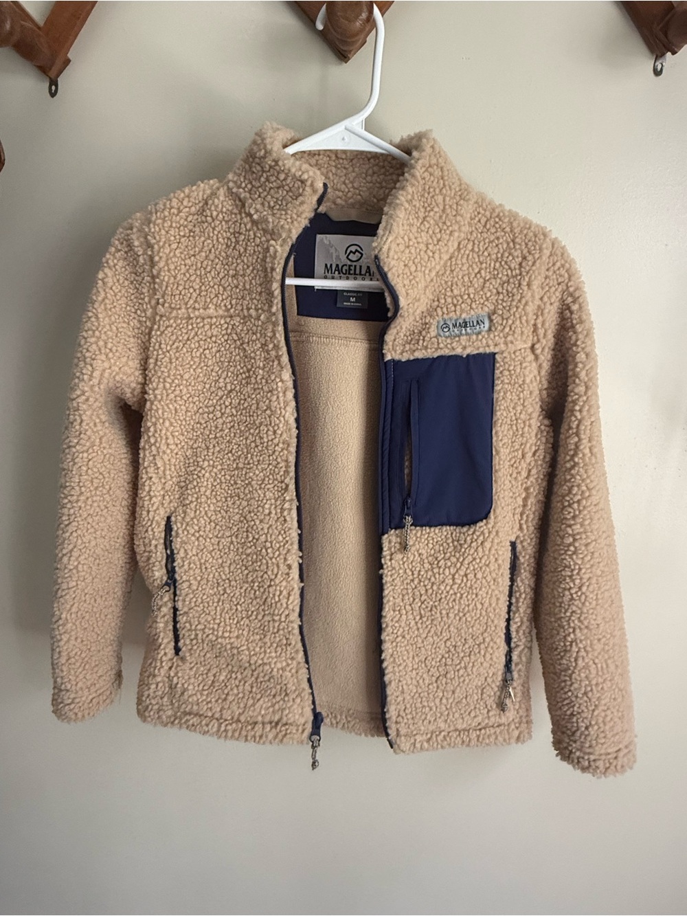 Magellan Outdoors Kids Tan Sherpa Jacket with Navy Chest Pocket